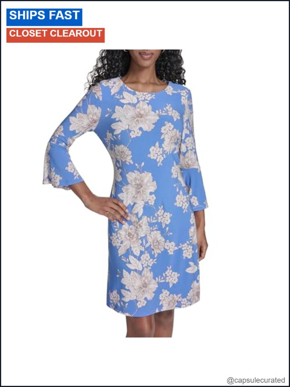 Women's 3/4 Bell Sleeve Jewel Neck Sheath Mini Dress Cotton Blend